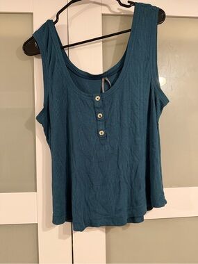 Anthropologie Sleevelessw Ribbed Tank Top with Button Placket - Teal